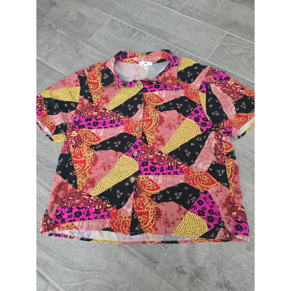 BP Women Patchwork Print Short Sleeve Button Down Rayon Shirt Boho Medium